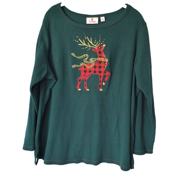 Quacker Factory Top 1X Green Waffle Knit Thermal Reindeer Holiday Bling - Picture 1 of 10
